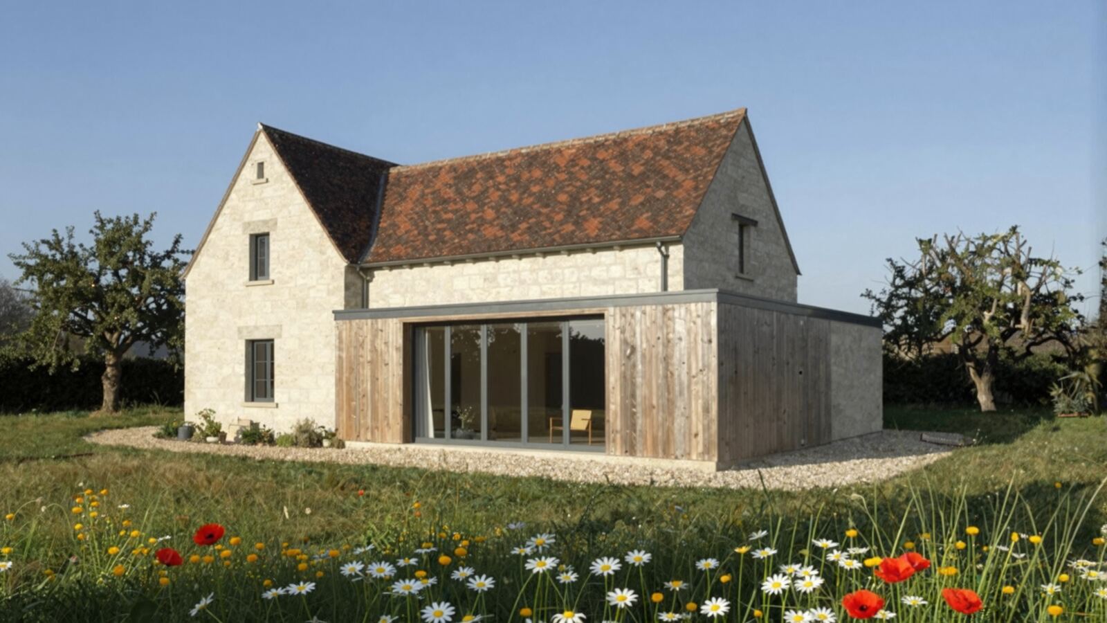 La maison des Sauges dans sa prairie, en fin d'après-midi.